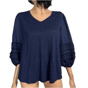 Chicos Linen Pom Sleeve Blouse Women L Navy Minimalist Office Casual Boho Lagom